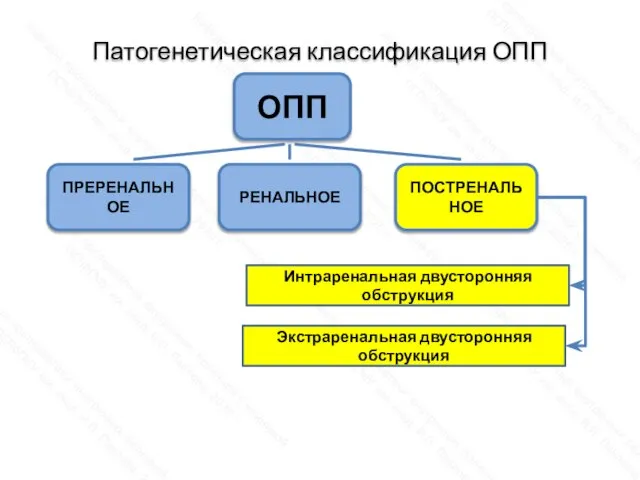 Патогенетическая классификация ОПП ОПП ПОСТРЕНАЛЬНОЕ РЕНАЛЬНОЕ ПРЕРЕНАЛЬНОЕ Интраренальная двусторонняя обструкция Экстраренальная двусторонняя обструкция