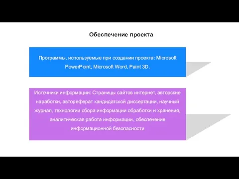 Обеспечение проекта Программы, используемые при создании проекта: Microsoft PowerPoint, Microsoft Word, Paint