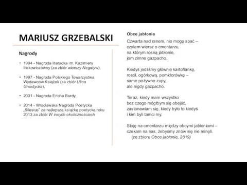 MARIUSZ GRZEBALSKI Nagrody 1994 - Nagroda literacka im. Kazimiery Iłłakowiczówny (za zbiór