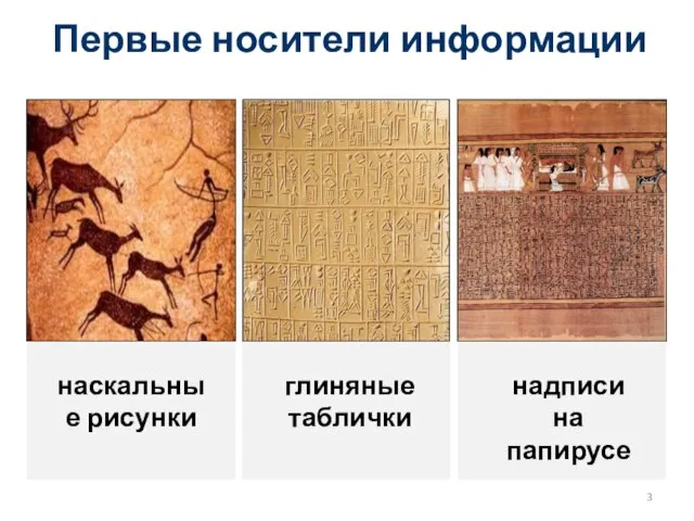 Первые носители информации наскальные рисунки глиняные таблички надписи на папирусе