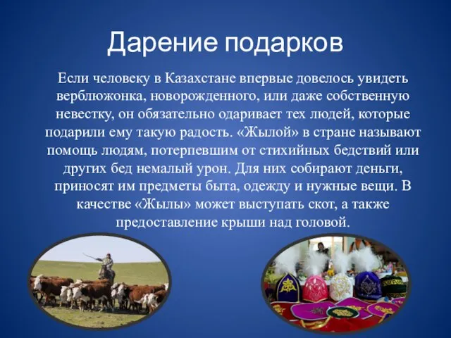 Дарение подарков Если человеку в Казахстане впервые довелось увидеть верблюжонка, новорожденного, или