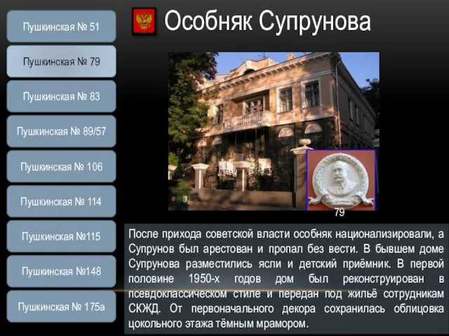 Особняк Супрунова После прихода советской власти особняк национализировали, а Супрунов был арестован