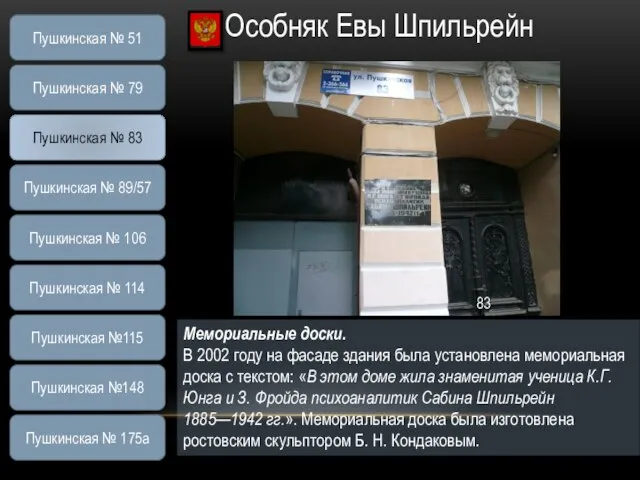 Особняк Евы Шпильрейн Мемориальные доски. В 2002 году на фасаде здания была