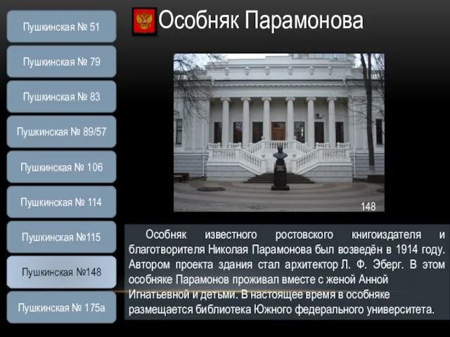 Особняк Парамонова Особняк известного ростовского книгоиздателя и благотворителя Николая Парамонова был возведён