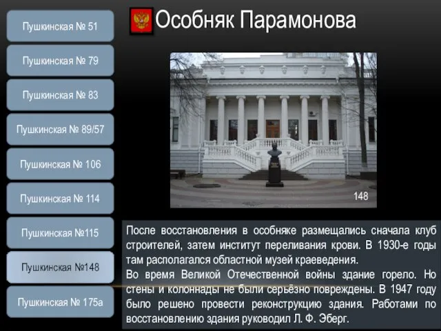 Особняк Парамонова После восстановления в особняке размещались сначала клуб строителей, затем институт