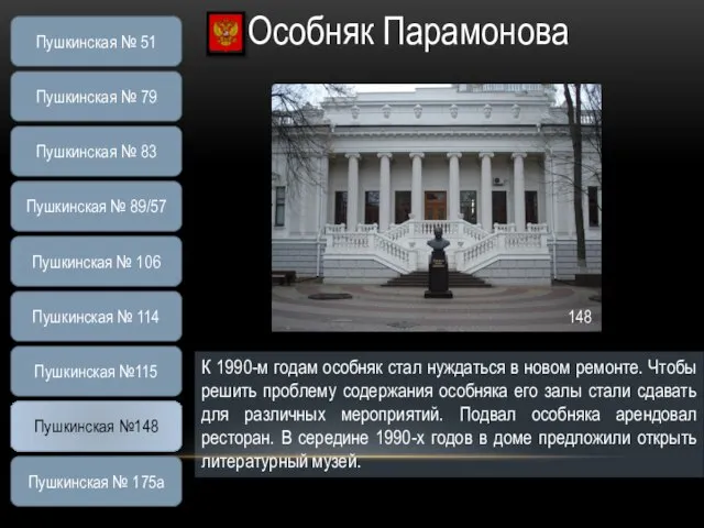 Особняк Парамонова К 1990-м годам особняк стал нуждаться в новом ремонте. Чтобы