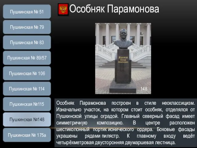 Особняк Парамонова Особняк Парамонова построен в стиле неоклассицизм. Изначально участок, на котором