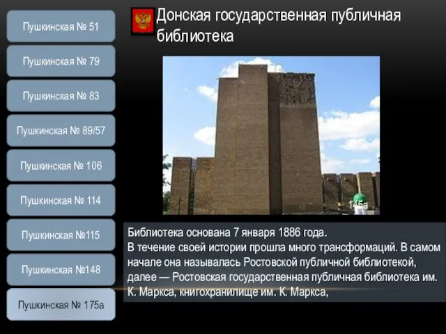 Донская государственная публичная библиотека Библиотека основана 7 января 1886 года. В течение