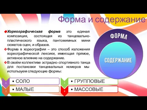 Форма и содержание 4 1 2 3 5 Хореографическая форма это единая