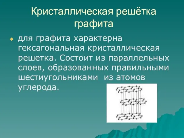 Кристаллическая решётка графита для графита характерна гексагональная кристаллическая решетка. Состоит из параллельных