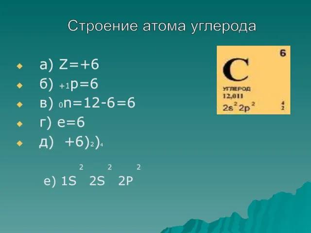 а) Z=+6 б) +1р=6 в) 0n=12-6=6 г) е=6 д) +6)2)4 2 2