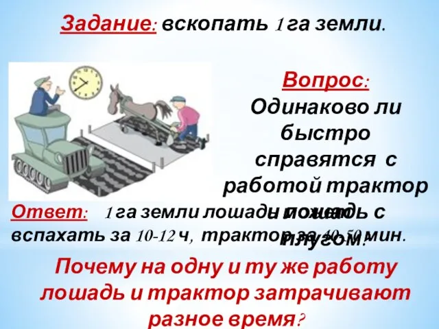 Задание: вскопать 1 га земли. Вопрос: Одинаково ли быстро справятся с работой