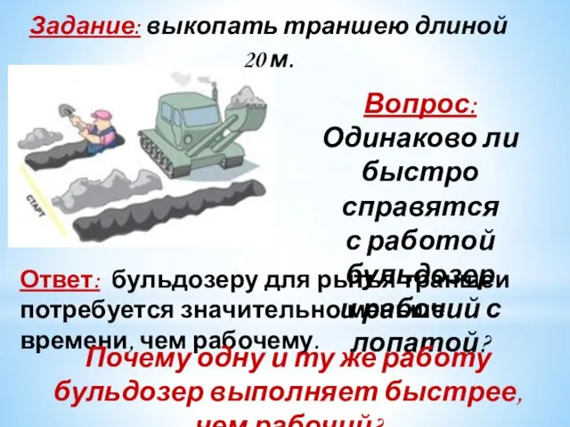 Задание: выкопать траншею длиной 20 м. Вопрос: Одинаково ли быстро справятся с