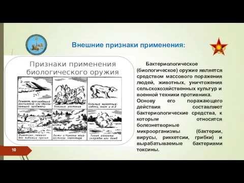 Внешние признаки применения: Бактериологическое (биологическое) оружие является средством массового поражения людей, животных,