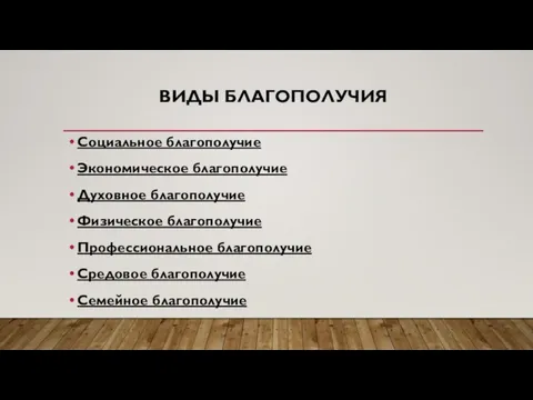 ВИДЫ БЛАГОПОЛУЧИЯ Социальное благополучие Экономическое благополучие Духовное благополучие Физическое благополучие Профессиональное благополучие Средовое благополучие Семейное благополучие