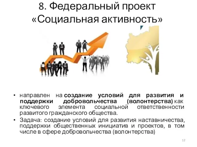 8. Федеральный проект «Социальная активность» направлен на создание условий для развития и