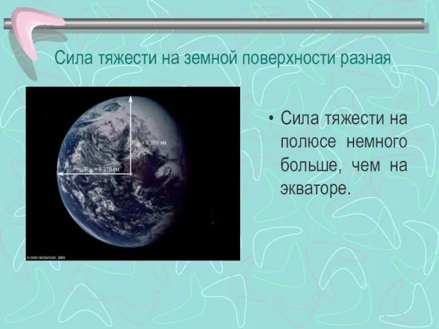 Сила тяжести на земной поверхности разная Сила тяжести на полюсе немного больше, чем на экваторе.