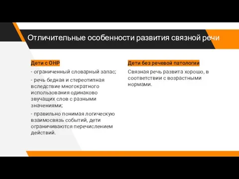 Отличительные особенности развития связной речи Дети с ОНР - ограниченный словарный запас;