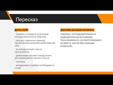 Пересказ Дети с ОНР - ошибки в передаче логической последовательности событий; -