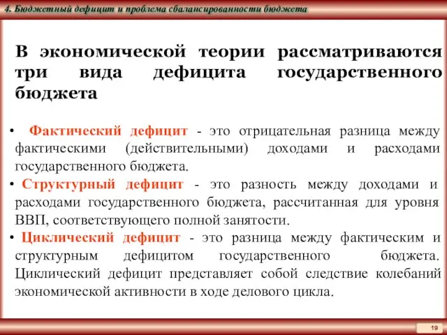 В экономической теории рассматриваются три вида дефицита государственного бюджета Фактический дефицит -