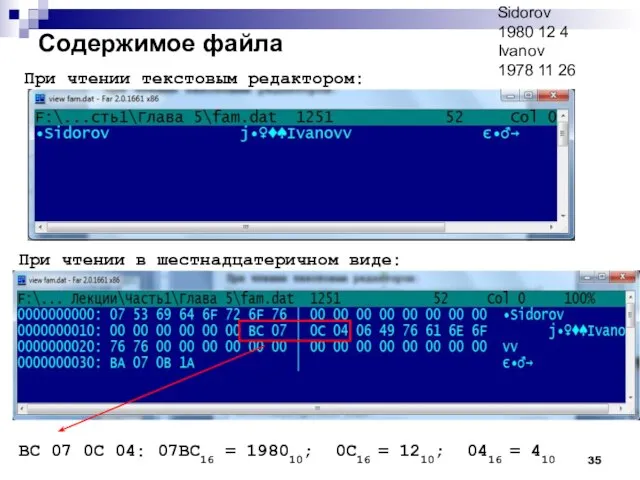 Содержимое файла При чтении текстовым редактором: При чтении в шестнадцатеричном виде: BC