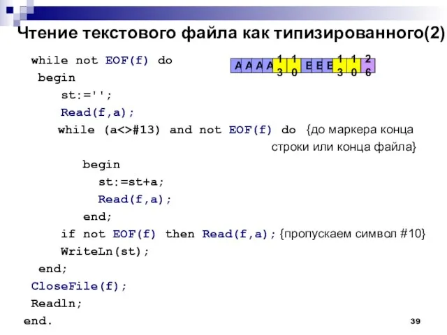 Чтение текстового файла как типизированного(2) while not EOF(f) do begin st:=''; Read(f,a);