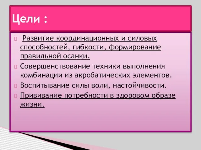 Развитие координационных и силовых способностей, гибкости, формирование правильной осанки. Совершенствование техники выполнения