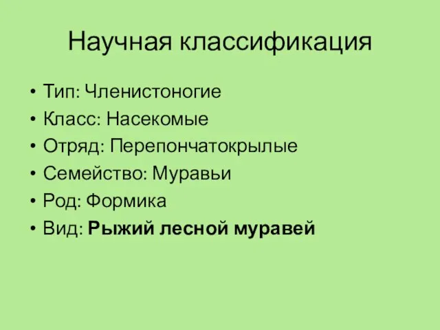 Научная классификация Тип: Членистоногие Класс: Насекомые Отряд: Перепончатокрылые Семейство: Муравьи Род: Формика Вид: Рыжий лесной муравей