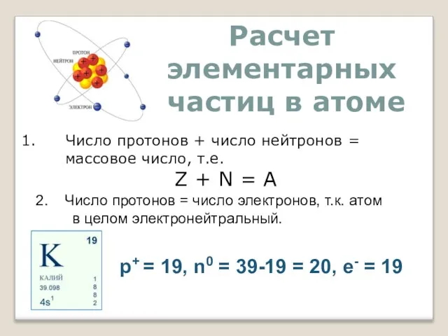 Расчет элементарных частиц в атоме Число протонов + число нейтронов = массовое