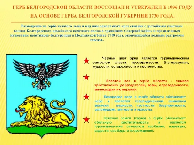 ГЕРБ БЕЛГОРОДСКОЙ ОБЛАСТИ ВОССОЗДАН И УТВЕРЖДЕН В 1996 ГОДУ НА ОСНОВЕ ГЕРБА