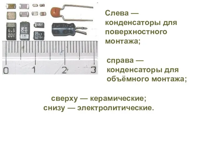 сверху — керамические; снизу — электролитические. Слева — конденсаторы для поверхностного монтажа;