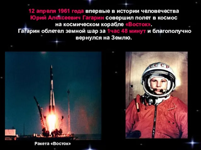 12 апреля 1961 года впервые в истории человечества Юрий Алексеевич Гагарин совершил