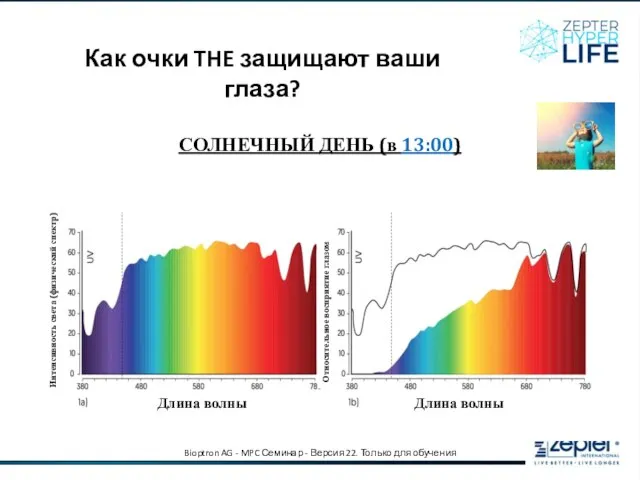 СОЛНЕЧНЫЙ ДЕНЬ (в 13:00) Интенсивность света (физический спектр) Как очки THE защищают