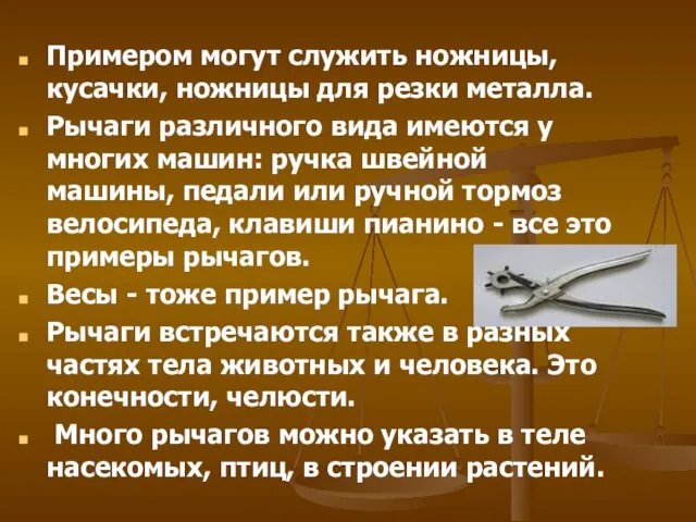 Примером могут служить ножницы, кусачки, ножницы для резки металла. Рычаги различного вида