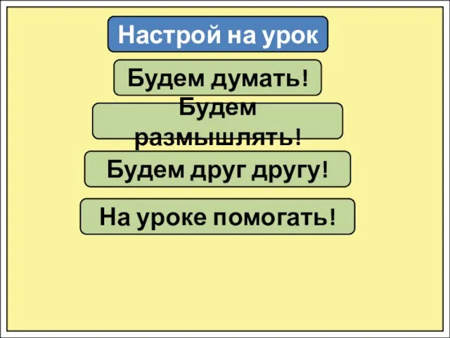 Настрой на урок Будем думать! Будем размышлять! Будем друг другу! На уроке помогать!