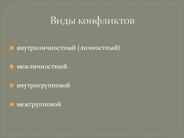 внутриличностный (личностный) межличностный внутригрупповой межгрупповой