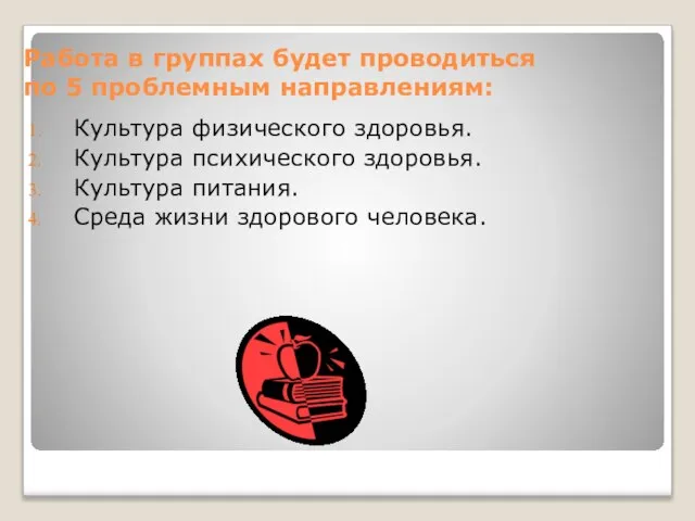 Работа в группах будет проводиться по 5 проблемным направлениям: Культура физического здоровья.