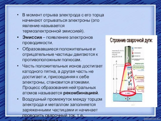 В момент отрыва электрода с его торца начинают отрываться электроны (это явление