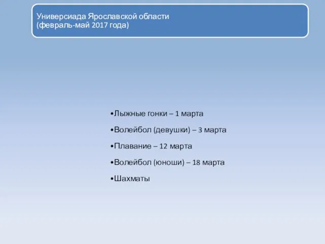 Универсиада Ярославской области (февраль-май 2017 года) Лыжные гонки – 1 марта Волейбол