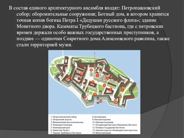 В состав единого архитектурного ансамбля входят: Петропавловский собор; оборонительные сооружения; Ботный дом,