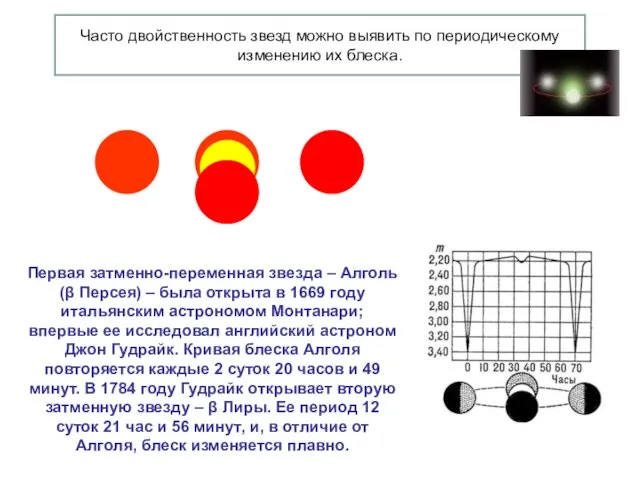 Часто двойственность звезд можно выявить по периодическому изменению их блеска. Первая затменно-переменная