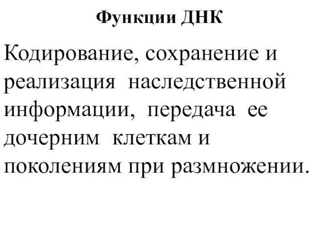 Функции ДНК Кодирование, сохранение и реализация наследственной информации, передача ее дочерним клеткам и поколениям при размножении.