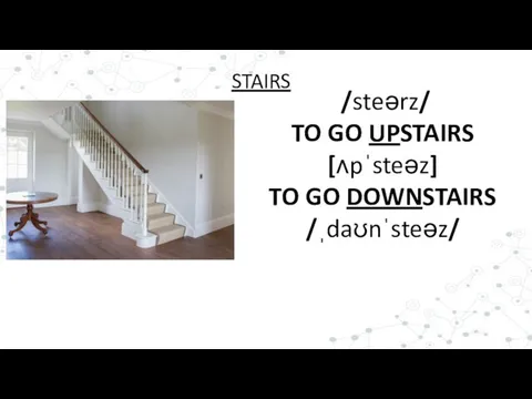 /steərz/ TO GO UPSTAIRS [ʌpˈsteəz] TO GO DOWNSTAIRS /ˌdaʊnˈsteəz/ STAIRS