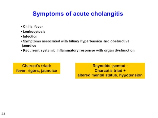 Symptoms of acute cholangitis Chills, fever Leukocytosis Infection Symptoms associated with biliary