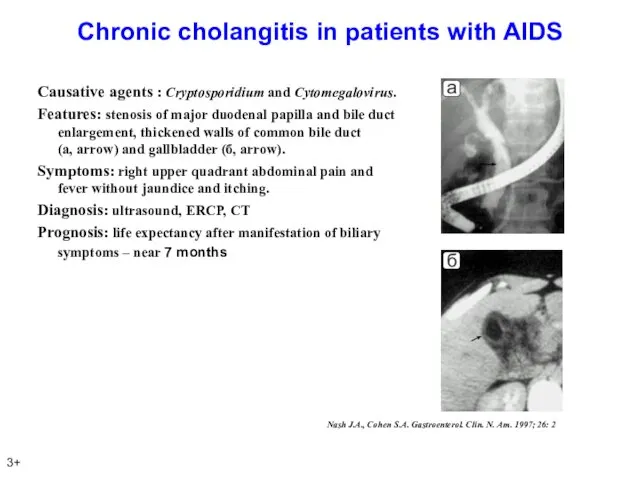 Chronic cholangitis in patients with AIDS Causative agents : Cryptosporidium and Cytomegalovirus.