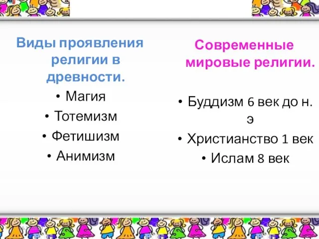 16.12.2020 Виды религий Виды проявления религии в древности. Магия Тотемизм Фетишизм Анимизм