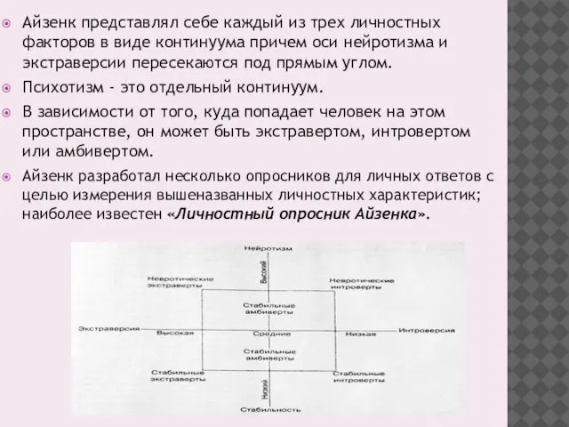 Айзенк представлял себе каждый из трех личностных факторов в виде континуума причем