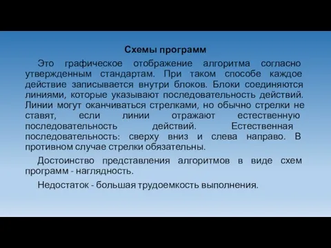 Схемы программ Это графическое отображение алгоритма согласно утвержденным стандартам. При таком способе