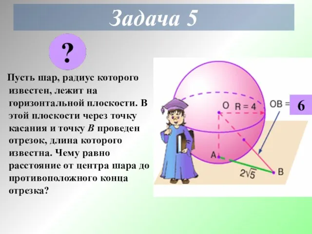 Задача 5 Пусть шар, радиус которого известен, лежит на горизонтальной плоскости. В