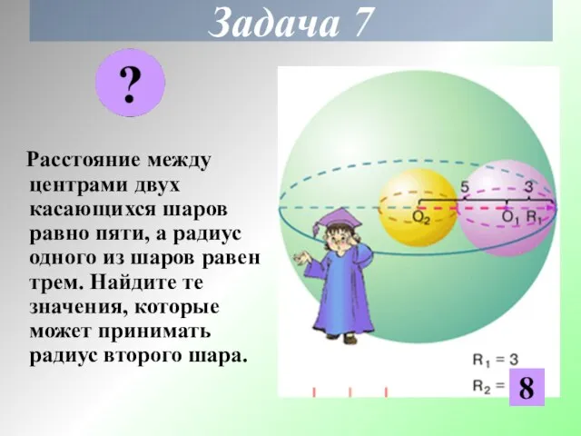 Задача 7 Расстояние между центрами двух касающихся шаров равно пяти, а радиус